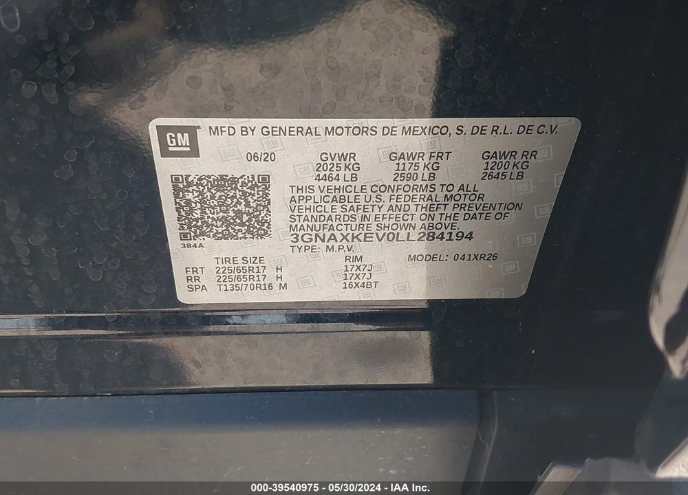 2020 CHEVROLET EQUINOX FWD LT 1.5L TURBO VIN: 3GNAXKEV0LL284194