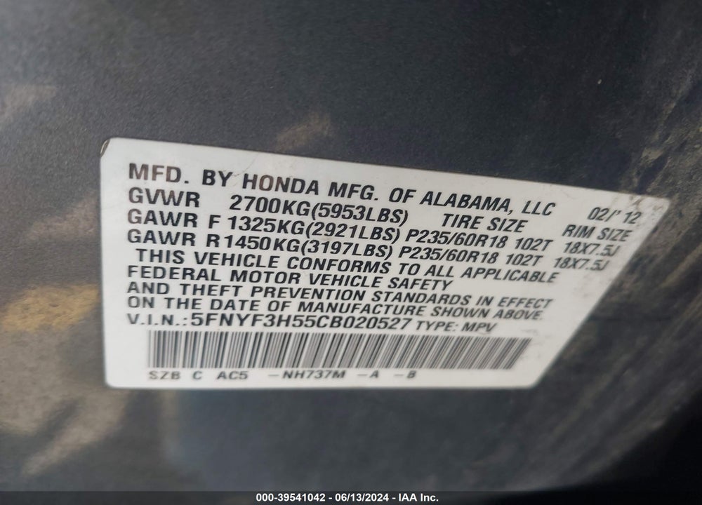 2012 HONDA PILOT EX-L VIN: 5FNYF3H55CB020527