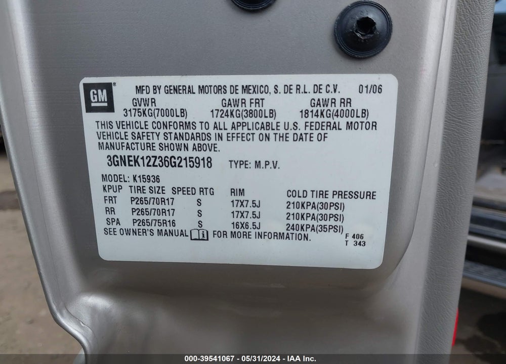 2006 CHEVROLET AVALANCHE 1500 Z71 VIN: 3GNEK12Z36G215918
