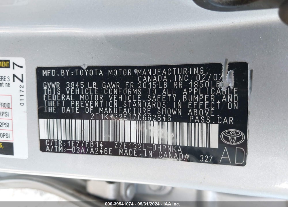 2007 TOYOTA MATRIX/XR VIN: 2T1KR32E17C662646