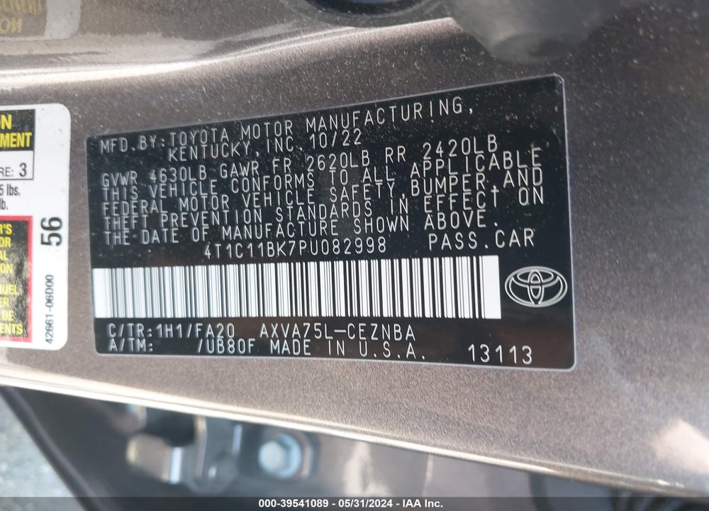 2023 TOYOTA CAMRY LE VIN: 4T1C11BK7PU082998