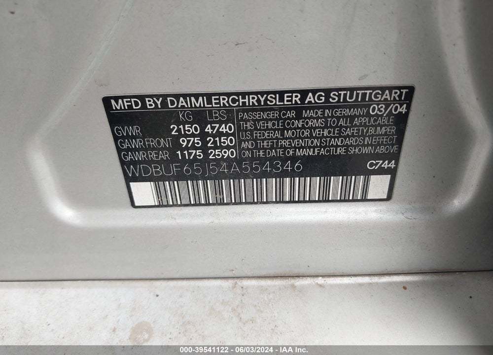 2004 MERCEDES-BENZ E 320 VIN: WDBUF65J54A554346