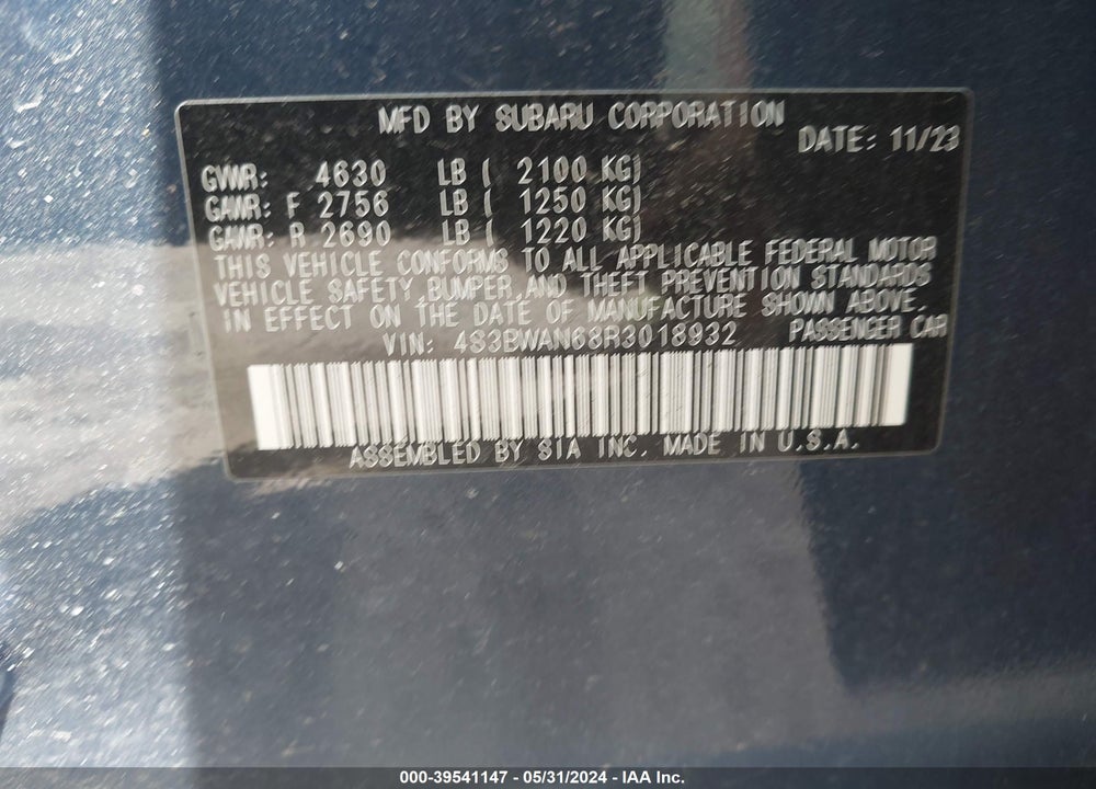 2024 SUBARU LEGACY LIMITED VIN: 4S3BWAN68R3018932