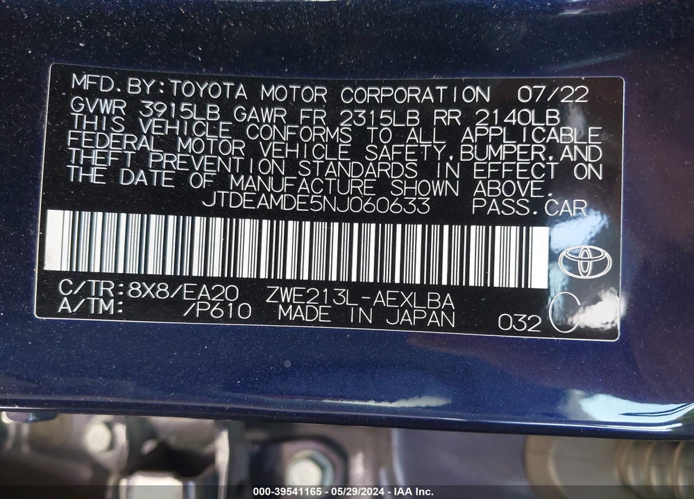 2022 TOYOTA COROLLA HYBRID LE VIN: JTDEAMDE5NJ060633