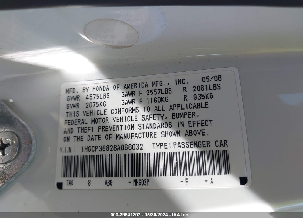 2008 HONDA ACCORD 3.5 EX-L VIN: 1HGCP36828A066032