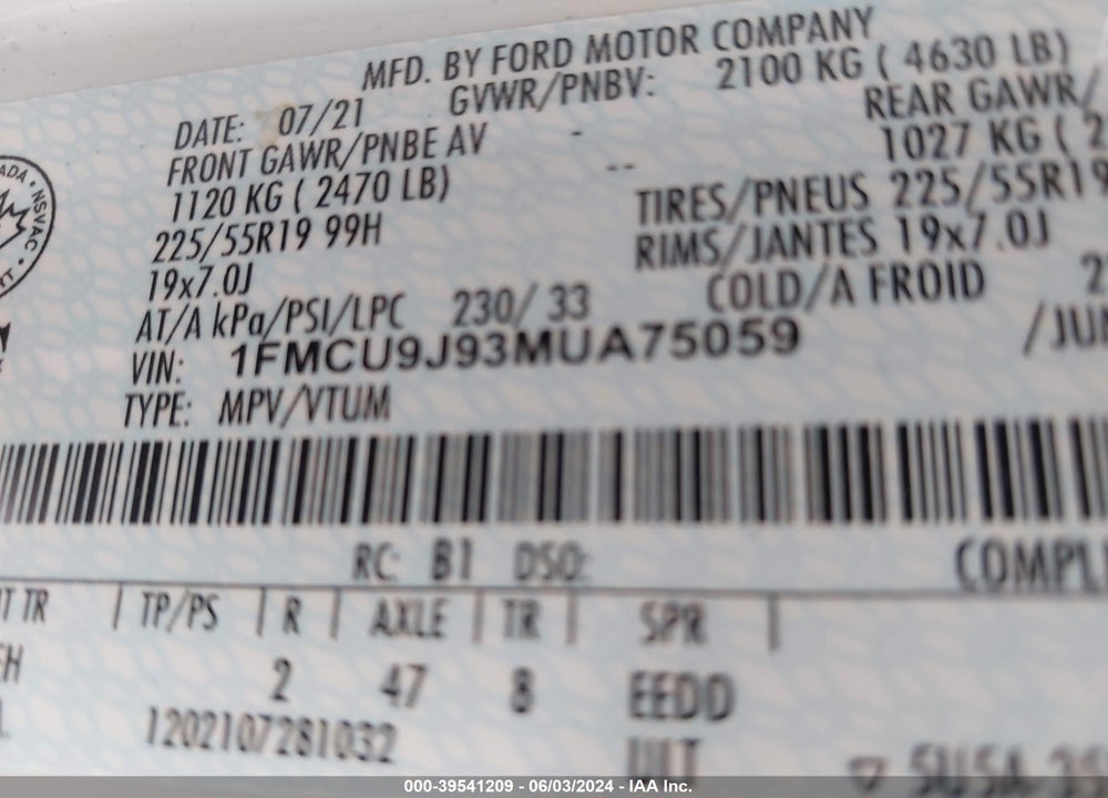 2021 FORD ESCAPE TITANIUM VIN: 1FMCU9J93MUA75059