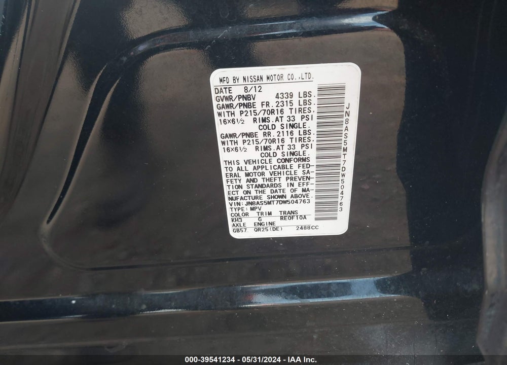 2013 NISSAN ROGUE VIN: JN8AS5MT7DW504763