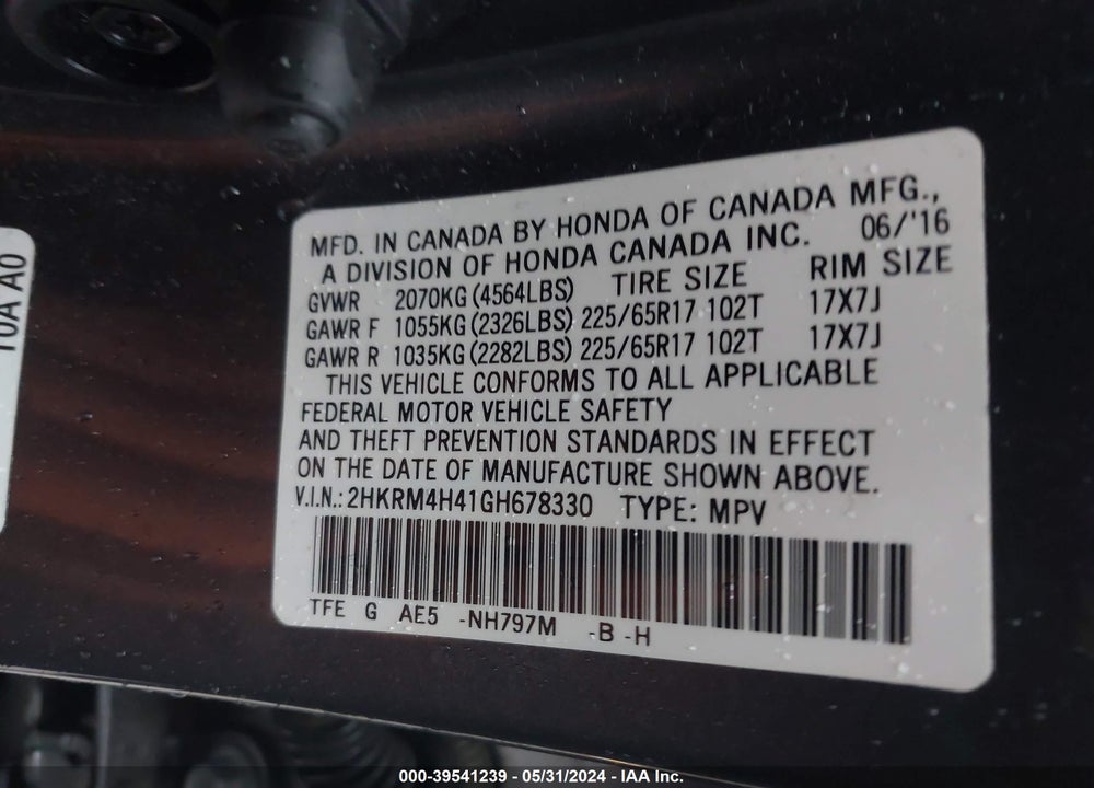 2016 HONDA CR-V SE VIN: 2HKRM4H41GH678330