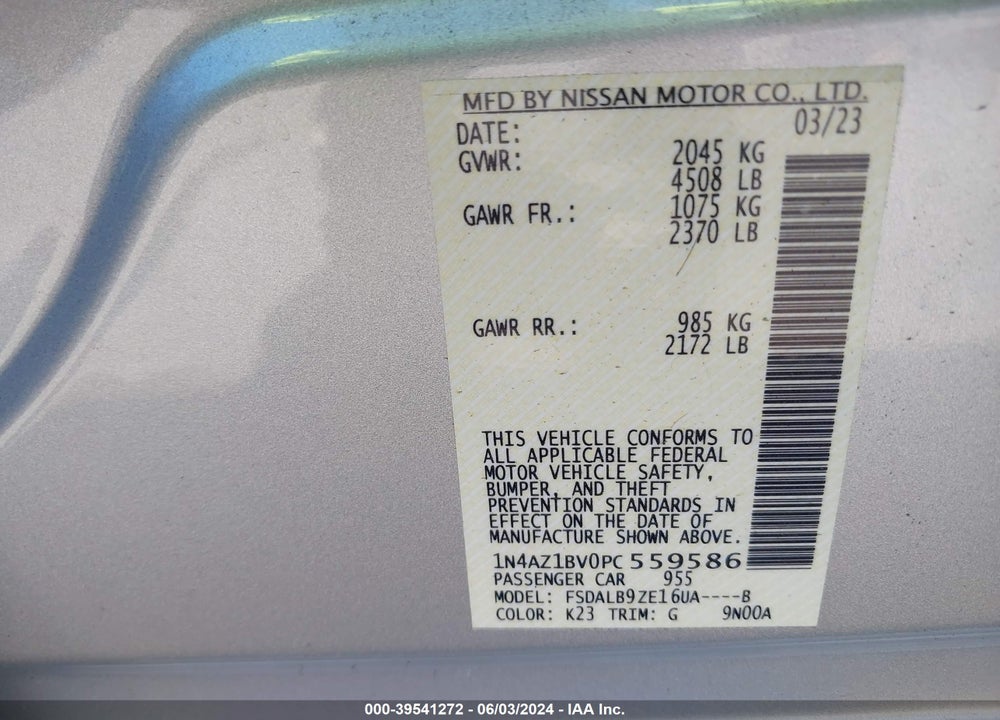 2023 NISSAN LEAF S 40 KWH VIN: 1N4AZ1BV0PC559586