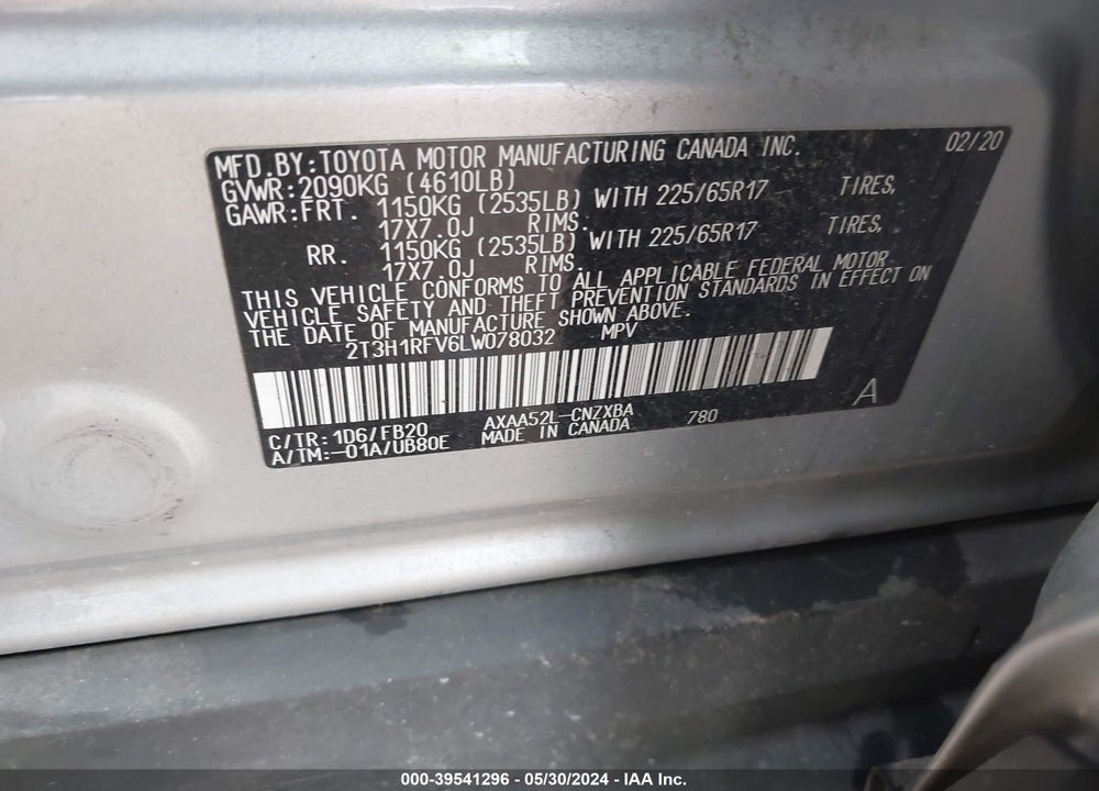 2020 TOYOTA RAV4 LE VIN: 2T3H1RFV6LW078032