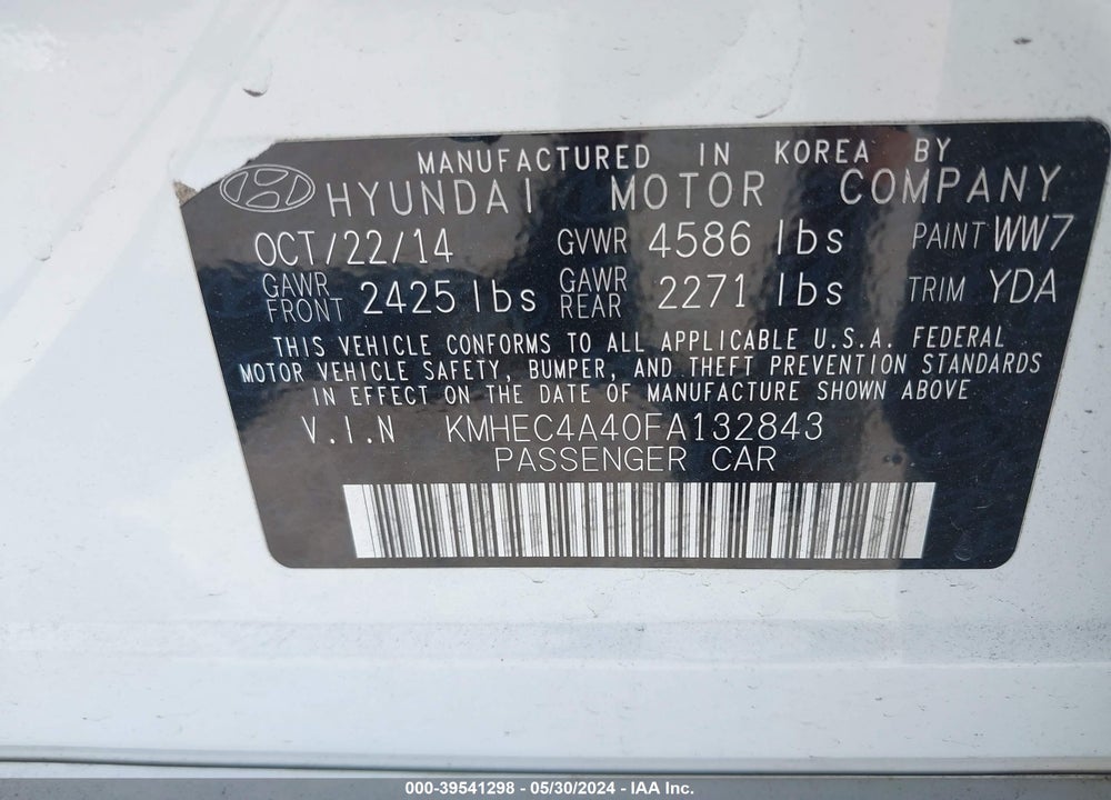 2015 HYUNDAI SONATA HYBRID VIN: KMHEC4A40FA132843