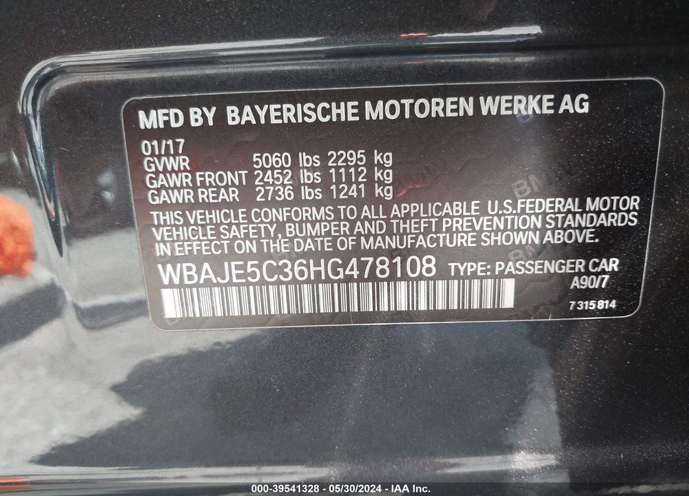 2017 BMW 540I VIN: WBAJE5C36HG478108