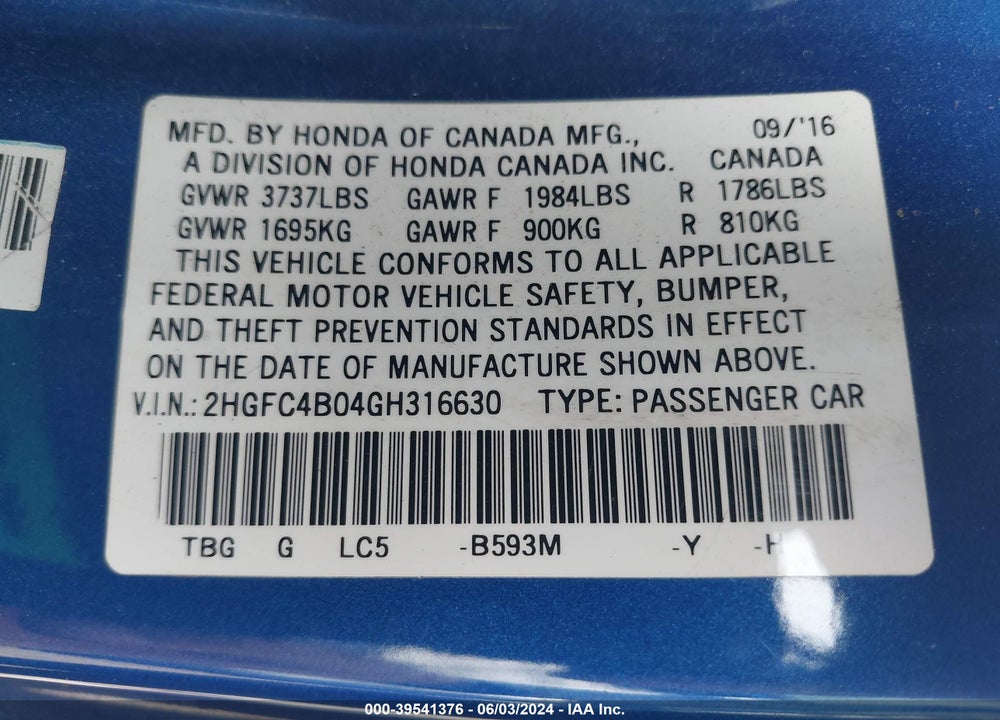 2016 HONDA CIVIC LX-P VIN: 2HGFC4B04GH316630