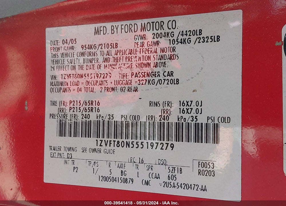 2005 FORD MUSTANG V6 DELUXE/V6 PREMIUM VIN: 1ZVFT80N555197279
