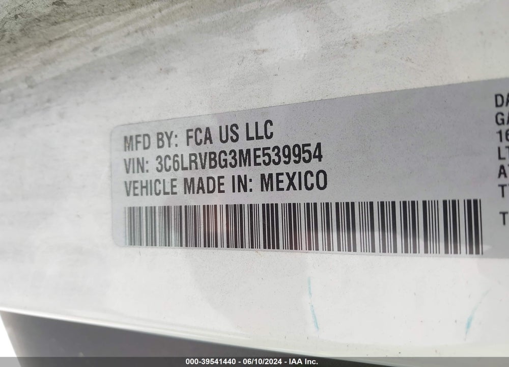 2021 RAM PROMASTER 1500 HIGH ROOF 136 WB VIN: 3C6LRVBG3ME539954