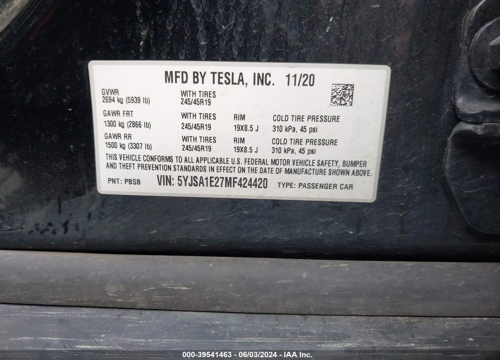 2021 TESLA MODEL S LONG RANGE DUAL MOTOR ALL-WHEEL DRIVE/LONG RANGE PLUS DUAL MOTOR ALL-WHEEL DRIVE VIN: 5YJSA1E27MF424420