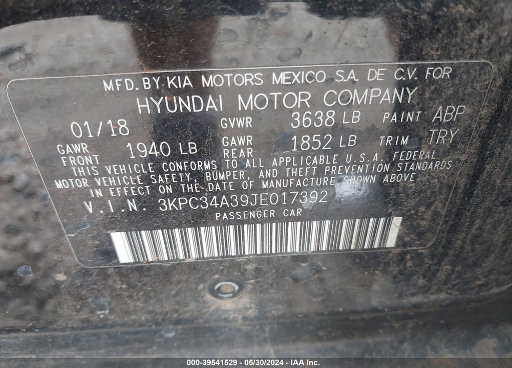 2018 HYUNDAI ACCENT LIMITED VIN: 3KPC34A39JE017392