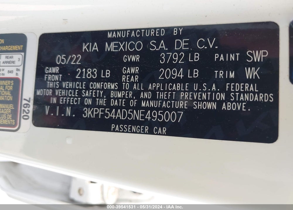 2022 KIA FORTE GT LINE VIN: 3KPF54AD5NE495007