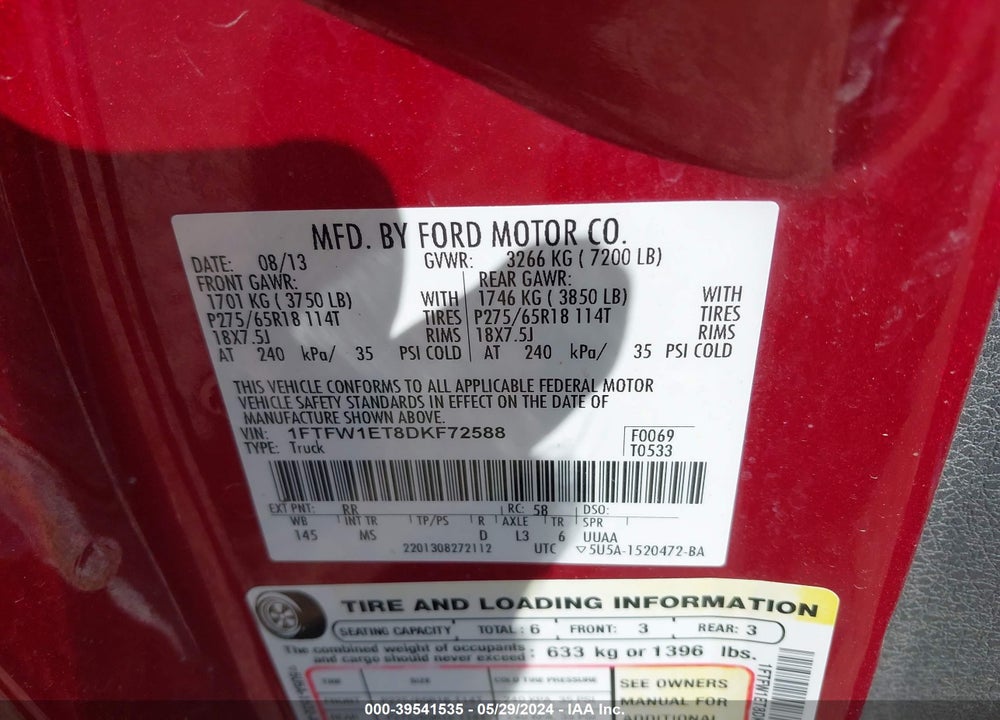 2013 FORD F-150 XLT VIN: 1FTFW1ET8DKF72588