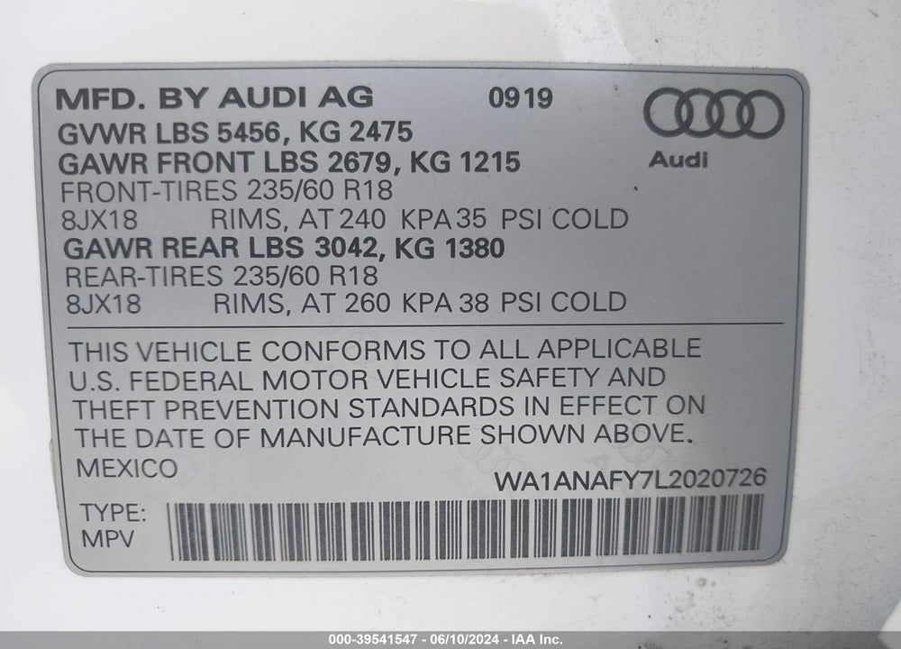 2020 AUDI Q5 PREMIUM 45 TFSI QUATTRO S TRONIC/TITANIUM PREMIUM 45 TFSI QUATTRO S TRONIC VIN: WA1ANAFY7L2020726