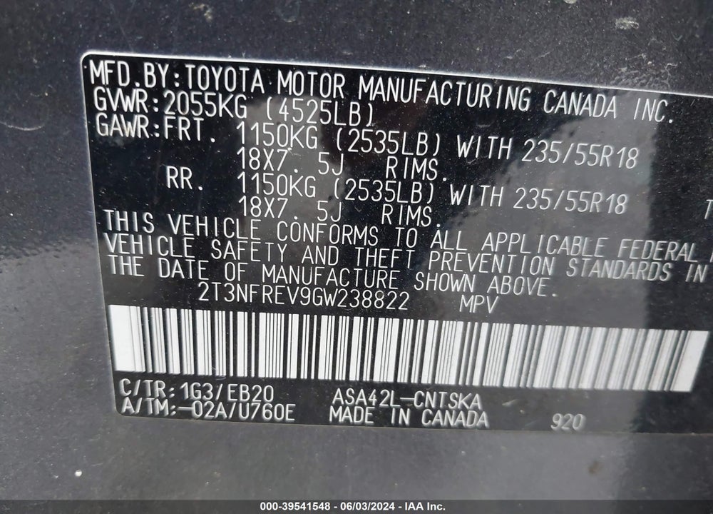 2016 TOYOTA RAV4 SE VIN: 2T3NFREV9GW238822