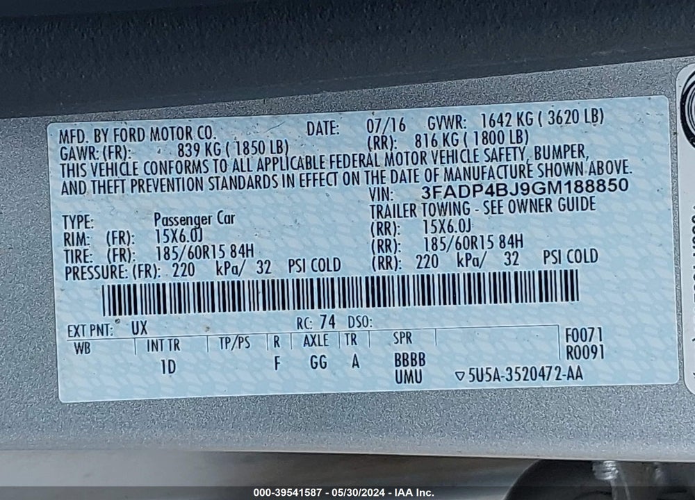 2016 FORD FIESTA SE VIN: 3FADP4BJ9GM188850