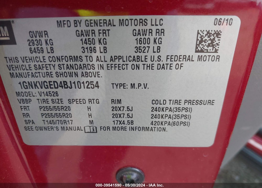 2011 CHEVROLET TRAVERSE VIN: 1GNKVGED4BJ101254