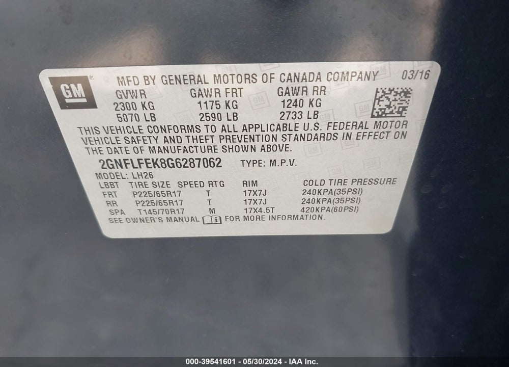 2016 CHEVROLET EQUINOX LT VIN: 2GNFLFEK8G6287062