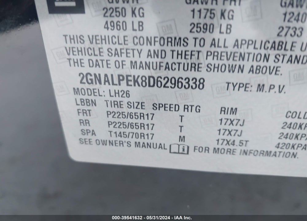 2013 CHEVROLET EQUINOX LT VIN: 2GNALPEK8D6296338