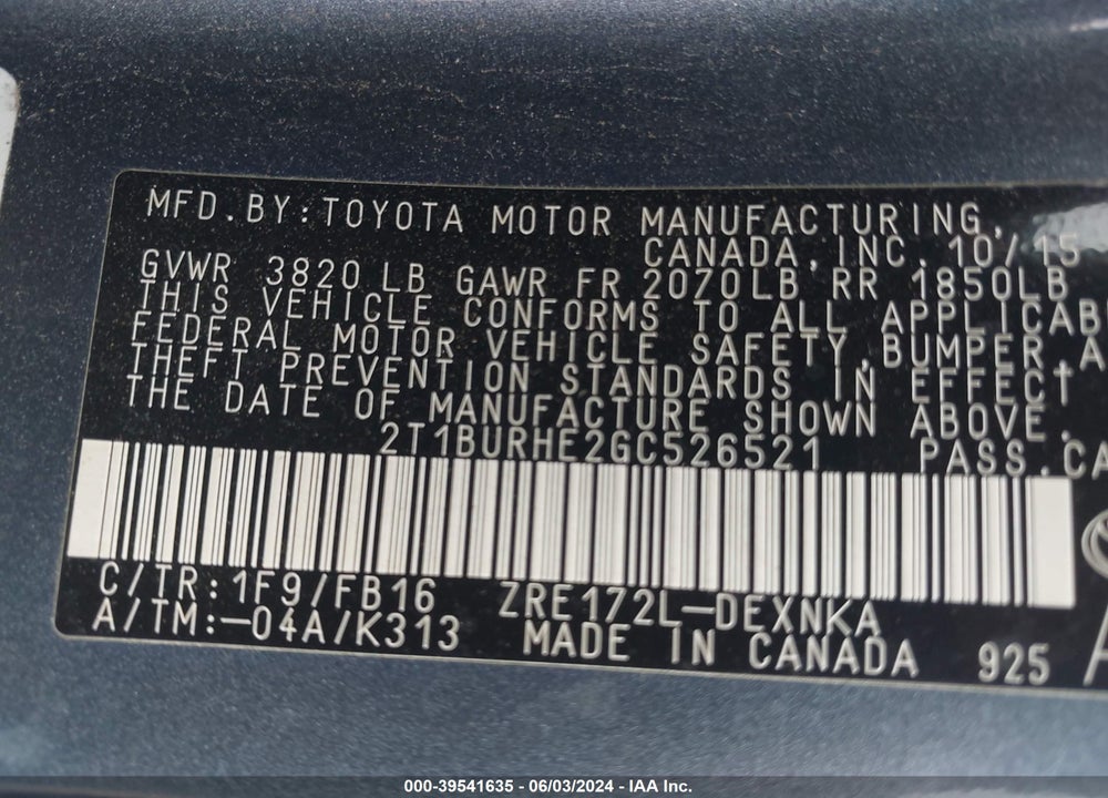 2016 TOYOTA COROLLA LE VIN: 2T1BURHE2GC526521