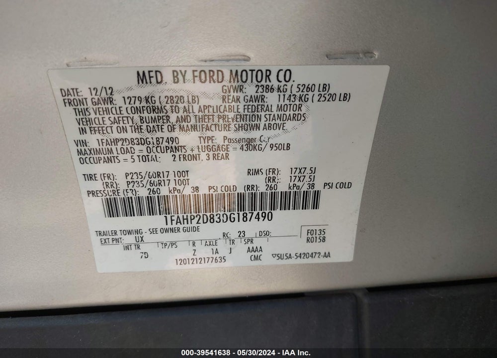 2013 FORD TAURUS SE VIN: 1FAHP2D83DG187490