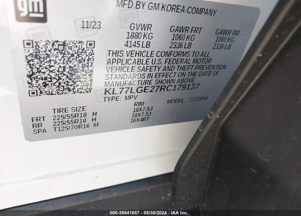 2024 CHEVROLET TRAX FWD 1RS VIN: KL77LGE27RC179137