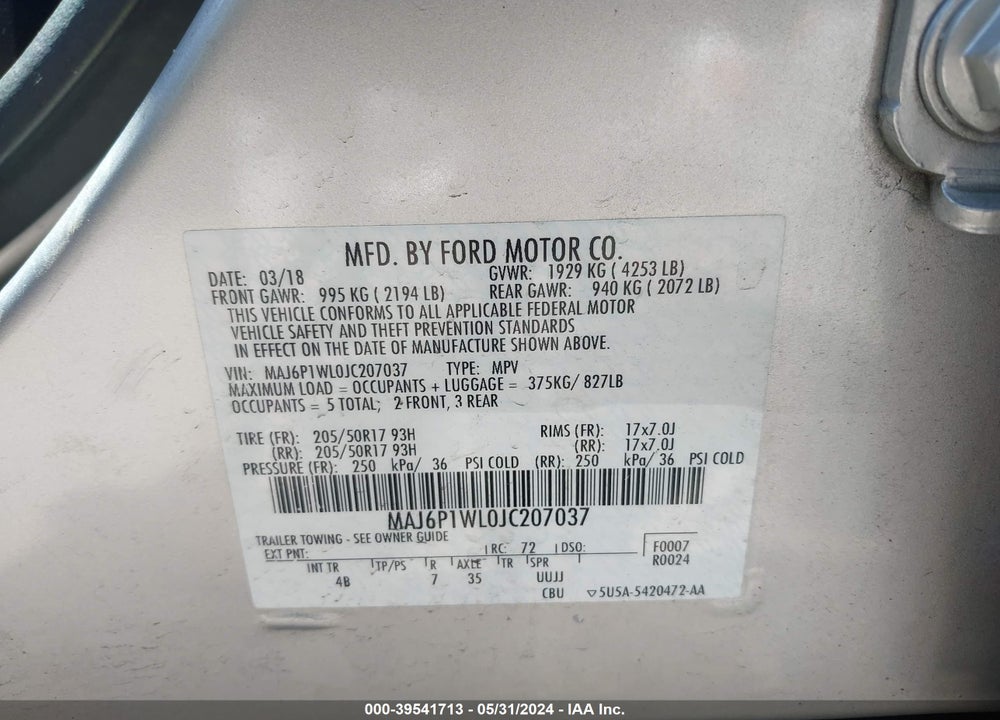 2018 FORD ECOSPORT TITANIUM VIN: MAJ6P1WL0JC207037