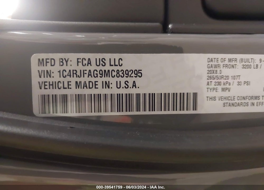 2021 JEEP GRAND CHEROKEE LAREDO X 4X4 VIN: 1C4RJFAG9MC839295