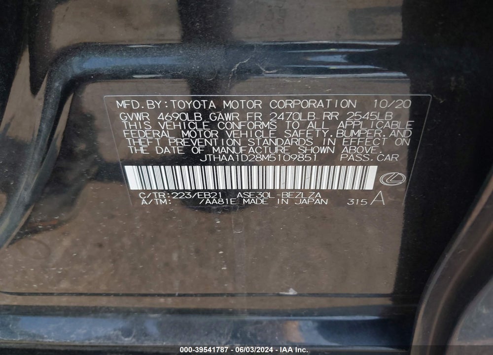 2021 LEXUS IS 300 VIN: JTHAA1D28M5109851