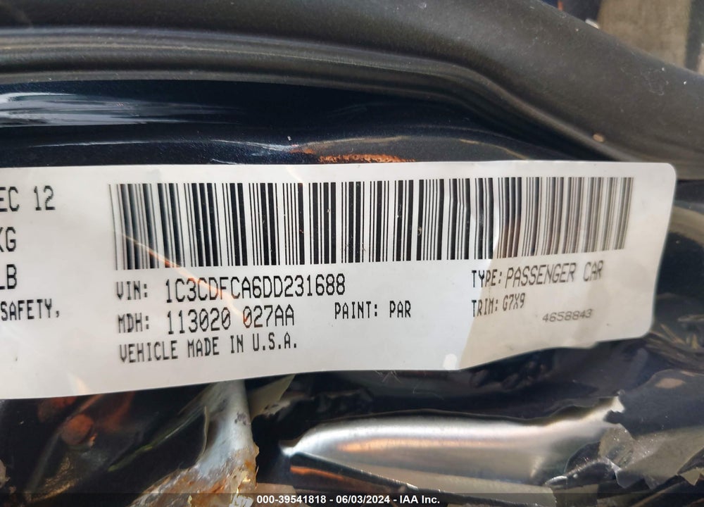 2013 DODGE DART LIMITED VIN: 1C3CDFCA6DD231688