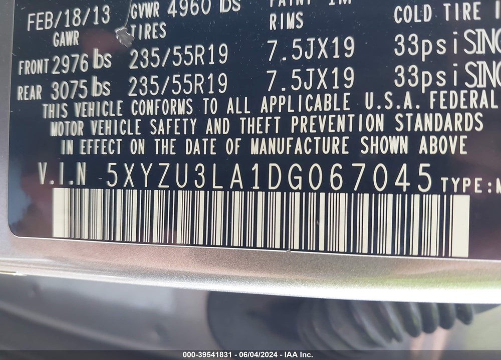 2013 HYUNDAI SANTA FE SPORT 2.0T VIN: 5XYZU3LA1DG067045