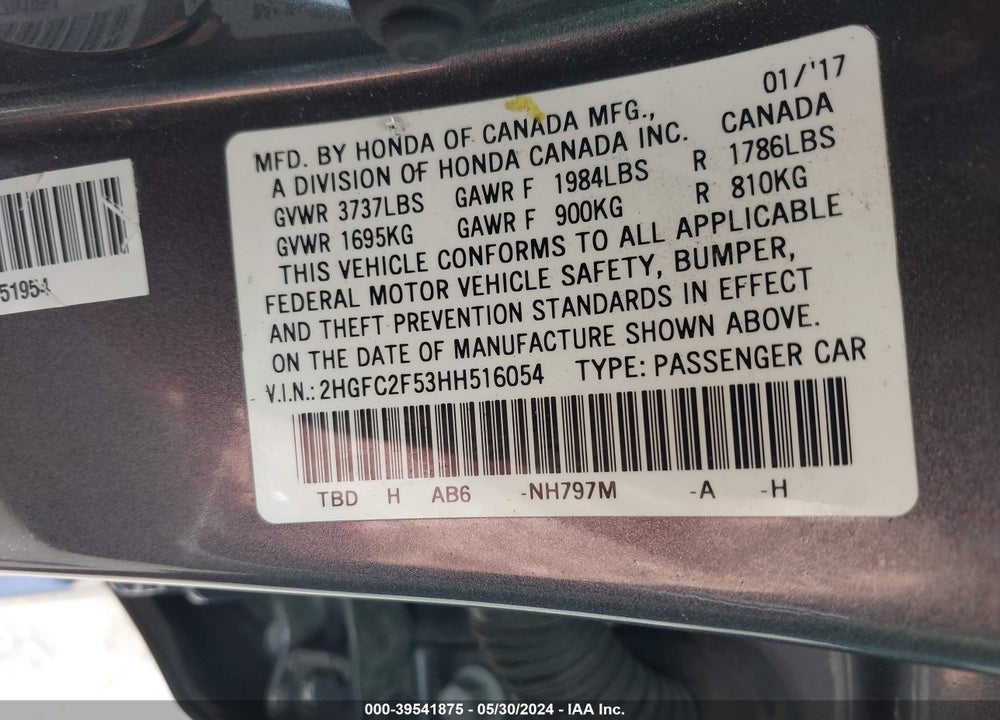 2017 HONDA CIVIC LX VIN: 2HGFC2F53HH516054