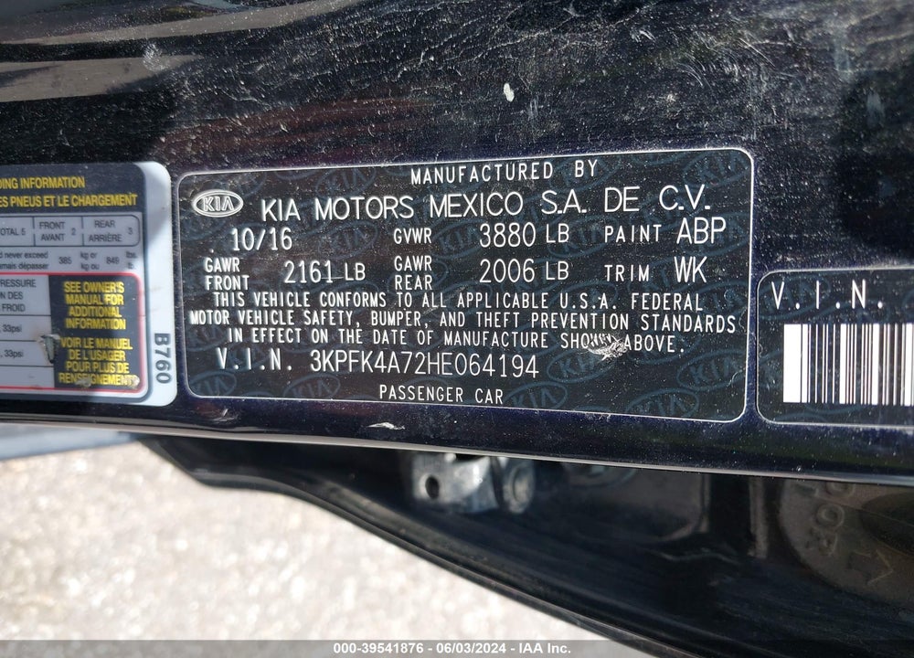 2017 KIA FORTE LX VIN: 3KPFK4A72HE064194