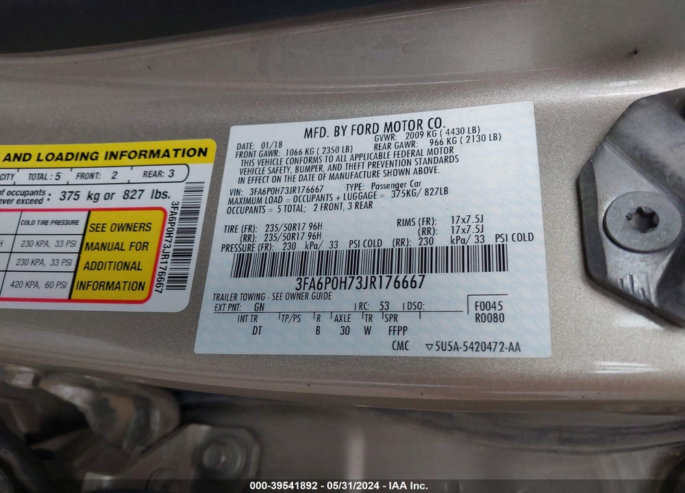 2018 FORD FUSION SE VIN: 3FA6P0H73JR176667