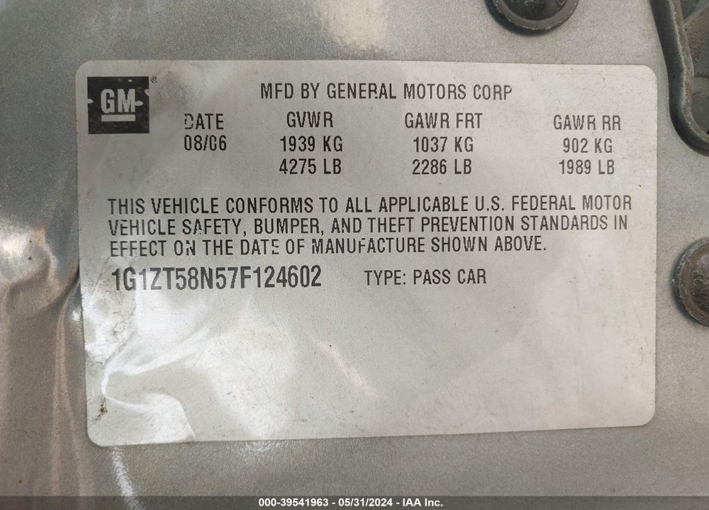 2007 CHEVROLET MALIBU LT VIN: 1G1ZT58N57F124602