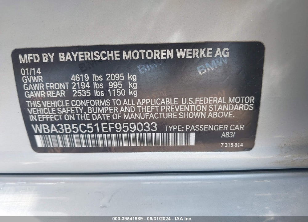 2014 BMW 328I XDRIVE VIN: WBA3B5C51EF959033