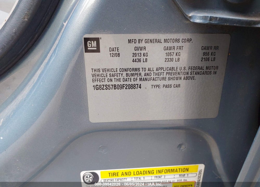 2009 SATURN AURA XE VIN: 1G8ZS57B09F208874