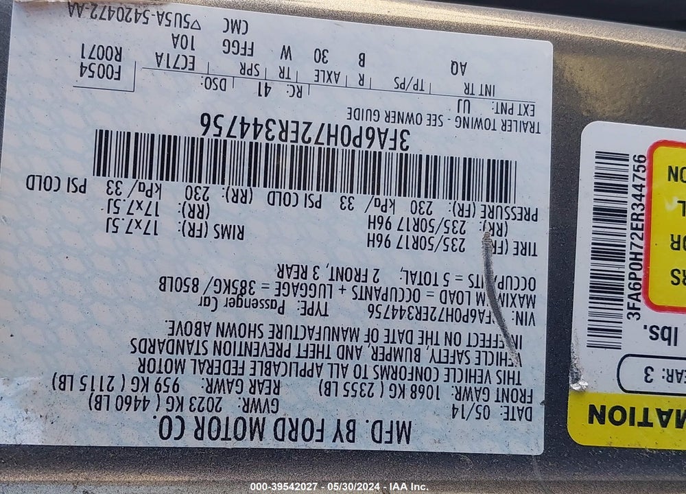 2014 FORD FUSION SE VIN: 3FA6P0H72ER344756