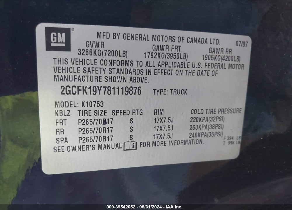 2008 CHEVROLET SILVERADO 1500 LTZ VIN: 2GCFK19Y781119876