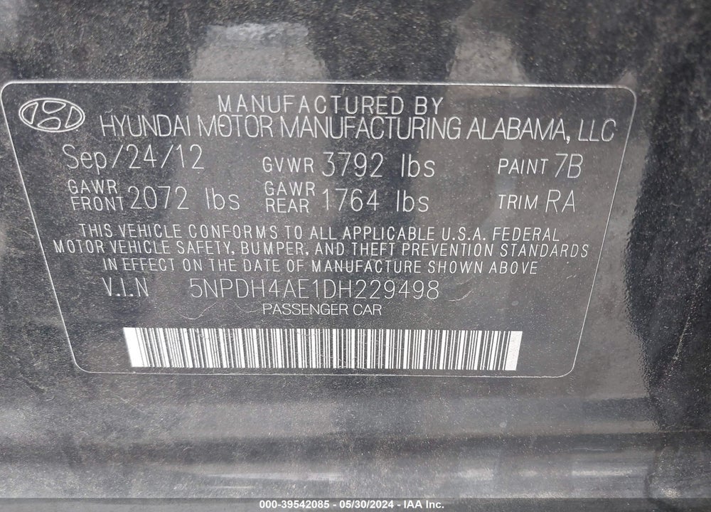 2013 HYUNDAI ELANTRA LIMITED VIN: 5NPDH4AE1DH229498