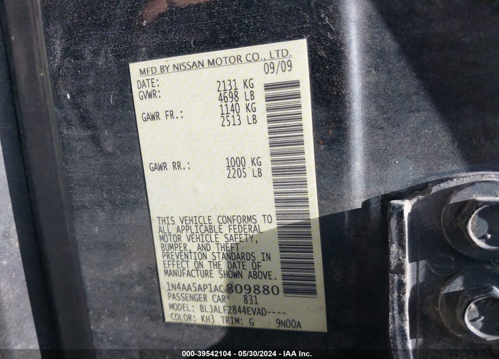 2010 NISSAN MAXIMA 3.5 SV VIN: 1N4AA5AP1AC809880