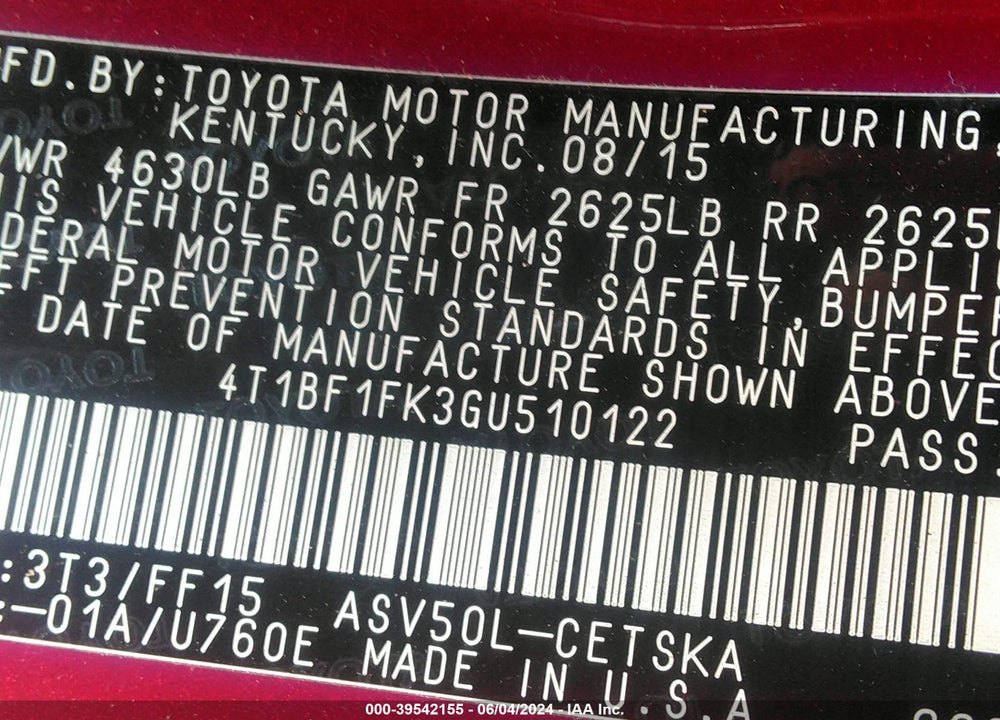 2016 TOYOTA CAMRY SE VIN: 4T1BF1FK3GU510122