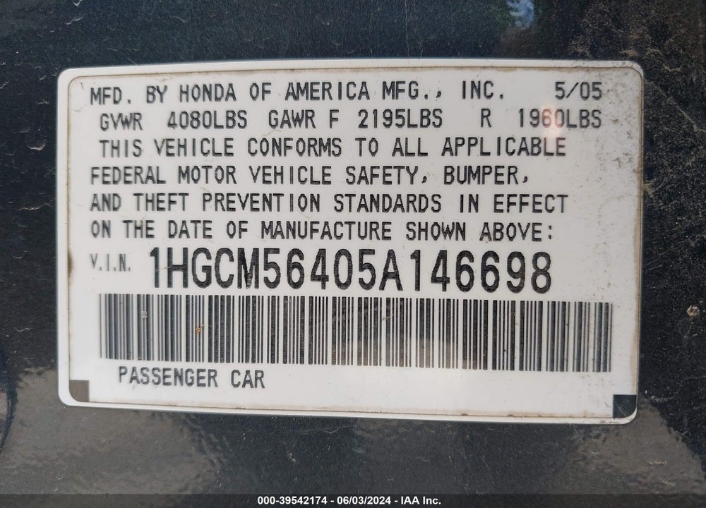 2005 HONDA ACCORD 2.4 LX VIN: 1HGCM56405A146698
