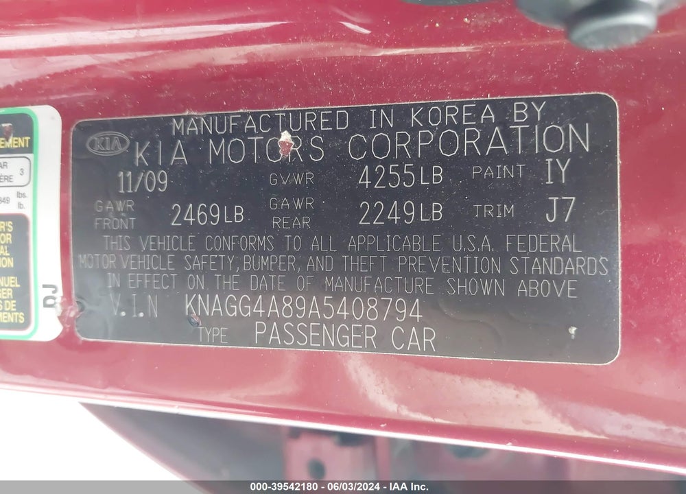 2010 KIA OPTIMA LX VIN: KNAGG4A89A5408794